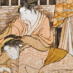 鳥居清長の版画:美南見十二候九月（漁火）遊廓で遊女がくつろいでいる図である。千葉市美術館所蔵。wiki c
