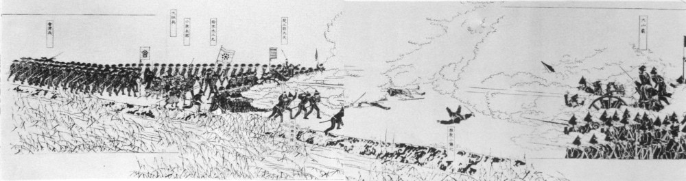 画像：鳥羽伏見の戦い。高瀬川堤での戦闘。左側が桑名藩などの旧幕府軍、右側が長州・土佐軍　wiki c