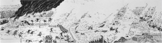 画像：鳥羽伏見の戦い。小枝橋の戦い。左側が旧幕府軍、右側が薩摩軍 wiki c